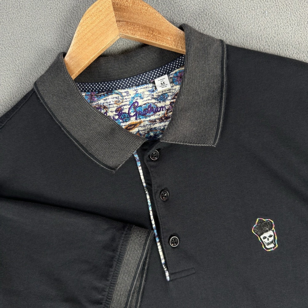 Robert Graham Polo Shirt Mens Medium Black Crown Skull Crest Logo Quiet Luxury